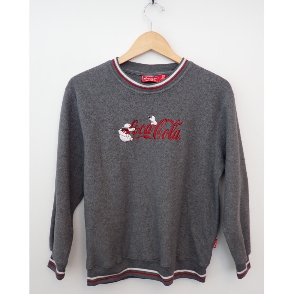 Coca Cola Sweater M (7/9) Women's Gray Fleece Pullover Bear Spell Out Swaziland